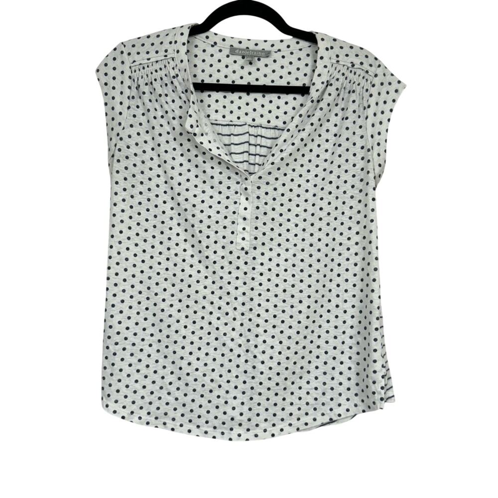 Daniel Rainn White Blue Polka Dot Blouse Womens S Boho Classic Short Sleeve Top